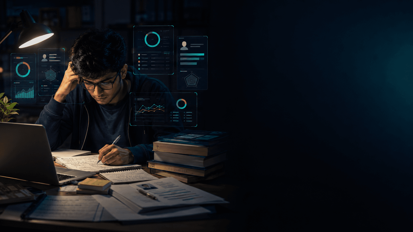 Student surrounded by scattered placement prep materials